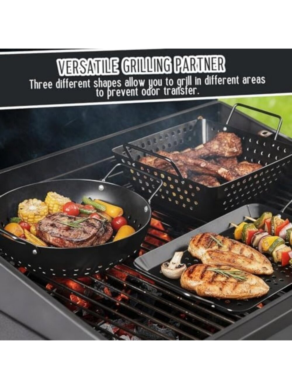 3-Pack Stainless Steel Grill Topper Pans for BBQ, Nonstick Vegetable & Meat - Picture 3 of 6